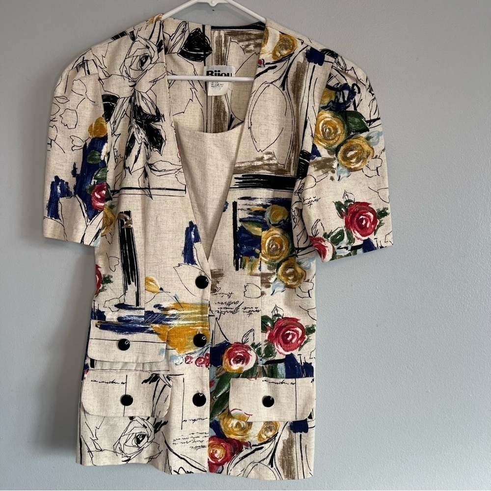 Vintage Bijou Abstract Painted Jacket Short Sleeve Artsy USA Sz S Cream Teacher